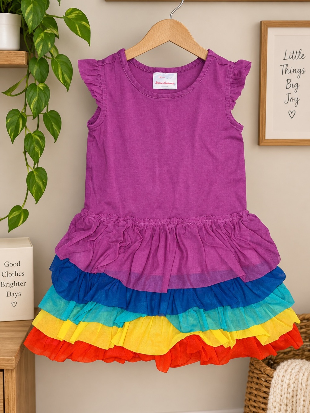 Hanna Andersson Girls 6-7 Purple Rainbow Tiered Ruffle Dress Flutter Sleeve